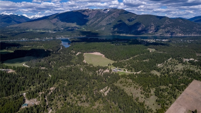 mountain view featuring a forest view and a water view