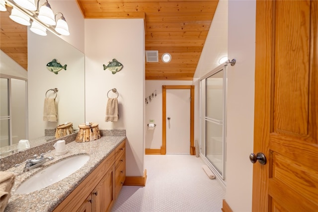 bathroom featuring a stall shower, visible vents, lofted ceiling, wood ceiling, and vanity