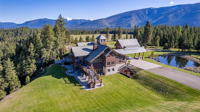 birds eye view of property with a water and mountain view