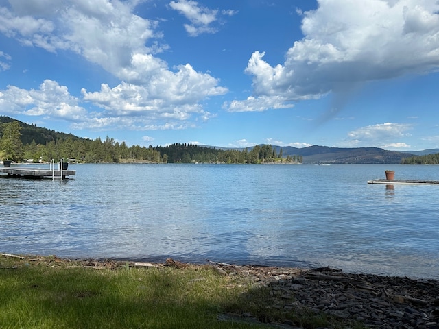 view of water feature with a mountain view and a boat dock