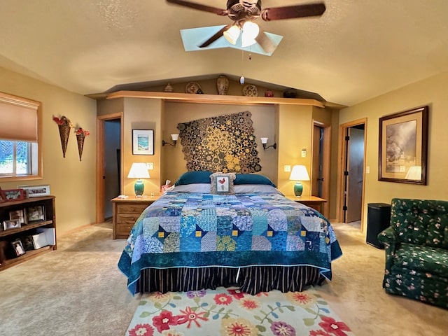 carpeted bedroom with ceiling fan, a textured ceiling, and vaulted ceiling