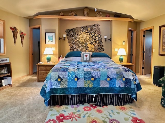 bedroom with light carpet and vaulted ceiling