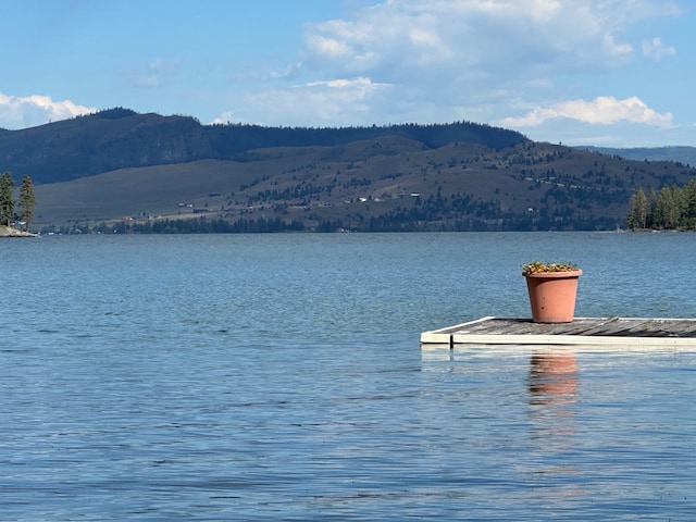 property view of water with a mountain view and a dock