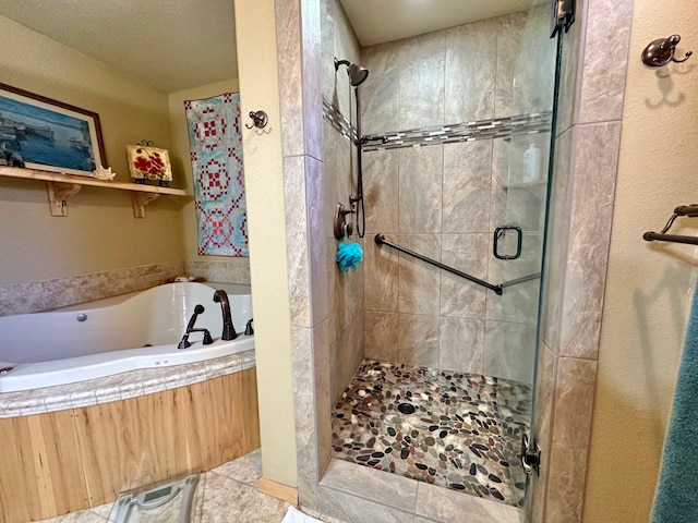 bathroom featuring shower with separate bathtub and tile patterned floors