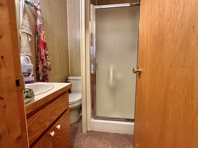 bathroom with vanity, an enclosed shower, and toilet