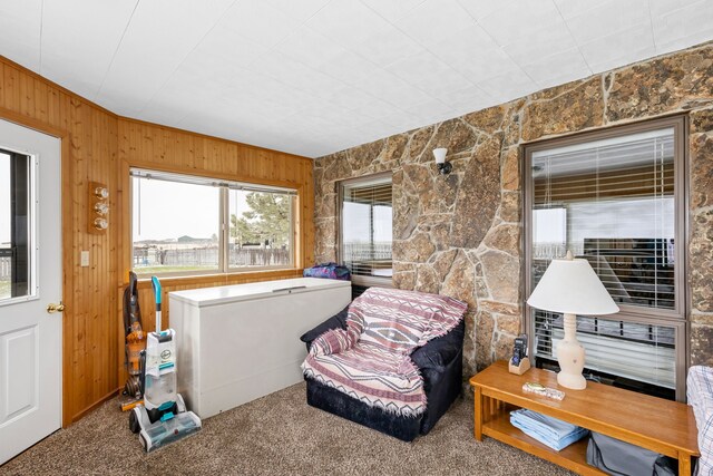 office area featuring carpet flooring, radiator heating unit, and wood walls