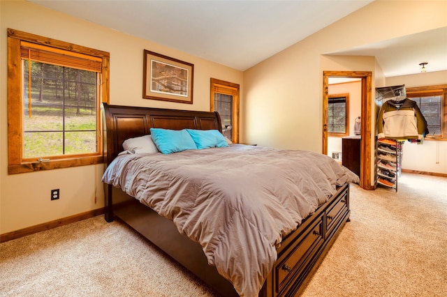 carpeted bedroom with lofted ceiling