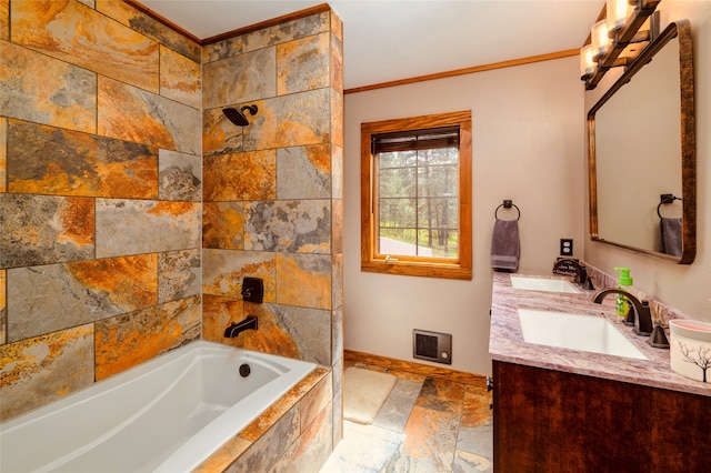 bathroom featuring dual bowl vanity, tile floors, and crown molding