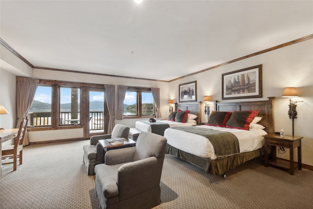 bedroom with crown molding, carpet flooring, and multiple windows