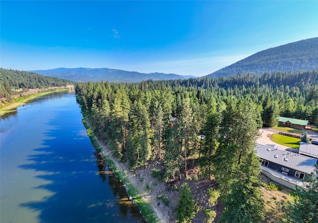 birds eye view of property with a water and mountain view