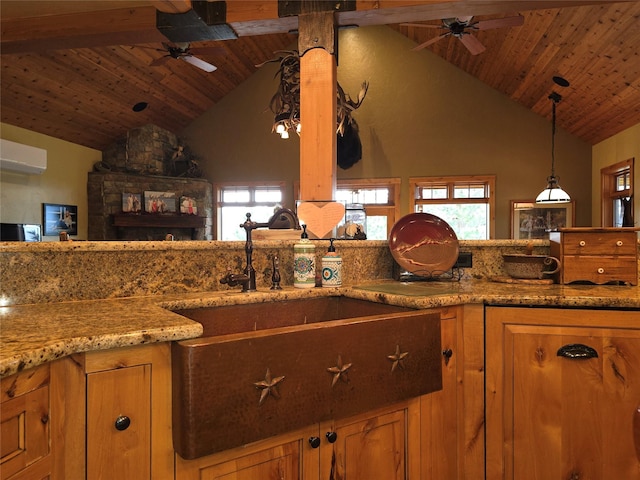 856 Weber Butte Trl, Corvallis, MT 59828 - kitchen with ceiling fan, a wall mounted AC, wooden ceiling, high vaulted ceiling, and decorative light fixtures