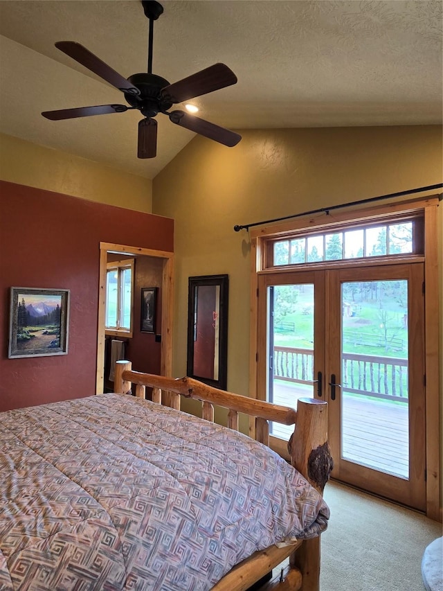 856 Weber Butte Trl, Corvallis, MT 59828 - carpeted bedroom featuring vaulted ceiling, access to exterior, french doors, and ceiling fan