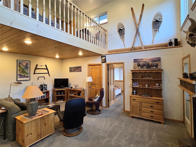856 Weber Butte Trl, Corvallis, MT 59828 - living area with carpet, a towering ceiling, recessed lighting, and an office area