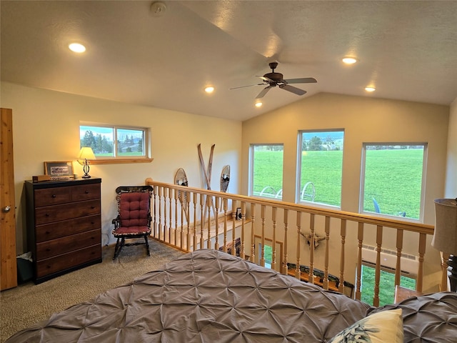 856 Weber Butte Trl, Corvallis, MT 59828 - bedroom with multiple windows, baseboard heating, carpet floors, vaulted ceiling, and recessed lighting