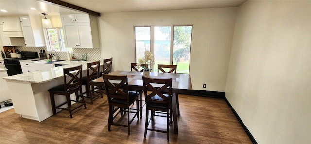 dining area with dark hardwood / wood-style floors and sink