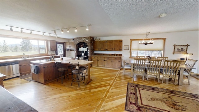3653 Sophie Lake Rd, Eureka, MT 59917 - kitchen featuring stainless steel dishwasher, light wood finished floors, a kitchen island with sink, track lighting, and a breakfast bar area