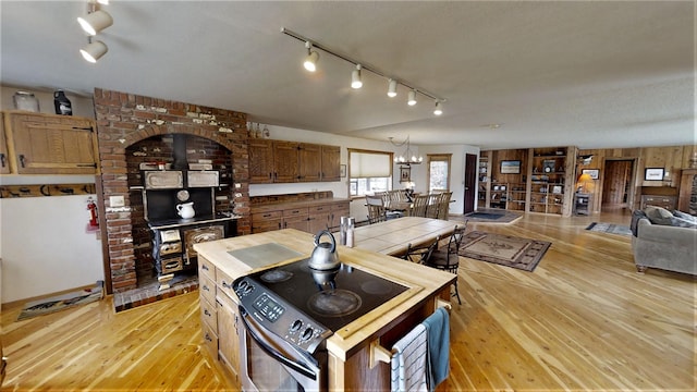 3653 Sophie Lake Rd, Eureka, MT 59917 - kitchen with rail lighting, a wood stove, tile countertops, stainless steel range with electric cooktop, and light wood finished floors
