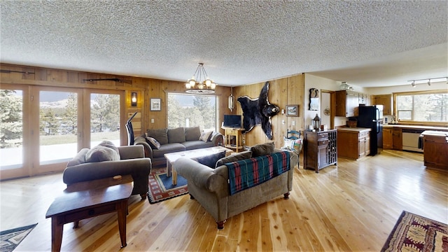 3653 Sophie Lake Rd, Eureka, MT 59917 - living area with a textured ceiling, light wood finished floors, a chandelier, and wooden walls