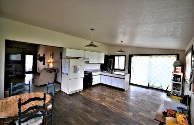 3653 Sophie Lake Rd, Eureka, MT 59917 - kitchen featuring stove, lofted ceiling, white cabinetry, dark wood-style floors, and pendant lighting