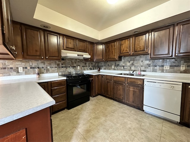 kitchen with tasteful backsplash, dishwasher, light tile flooring, black electric range oven, and sink