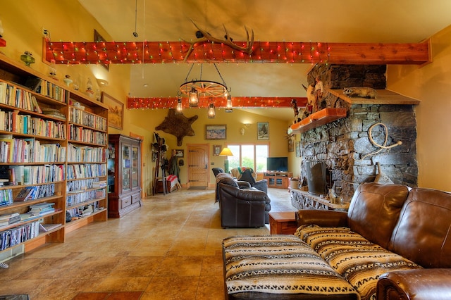 living room featuring high vaulted ceiling, beamed ceiling, and a fireplace