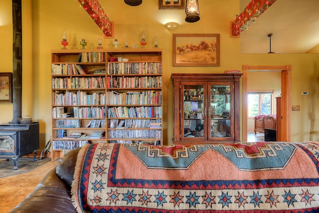 sitting room with a wood stove