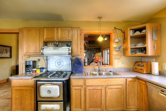 kitchen featuring stainless steel dishwasher, light tile flooring, pendant lighting, range hood, and sink