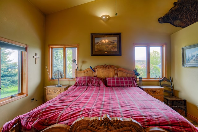 bedroom featuring vaulted ceiling and multiple windows