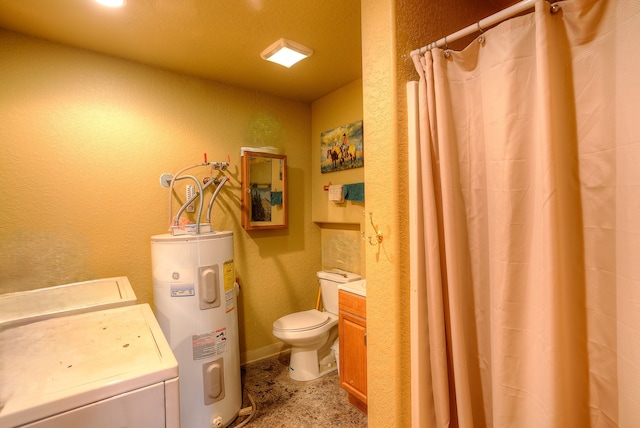 bathroom with a textured ceiling, vanity, toilet, and water heater