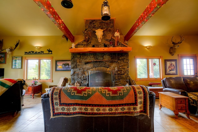 living room featuring tile flooring, beam ceiling, and a fireplace