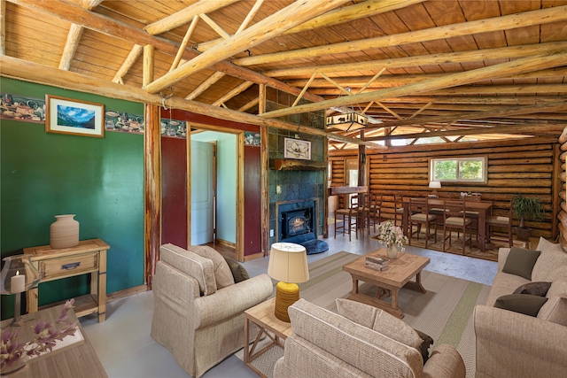 living room featuring a wood stove, vaulted ceiling with beams, wood ceiling, wood-type flooring, and rustic walls