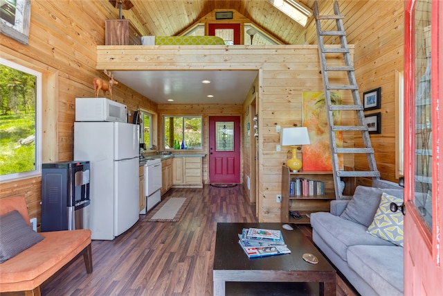 living room featuring wood ceiling, dark wood-type flooring, wood walls, and a skylight