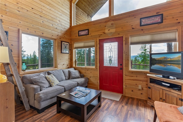 living room with high vaulted ceiling, dark wood-type flooring, and wooden walls