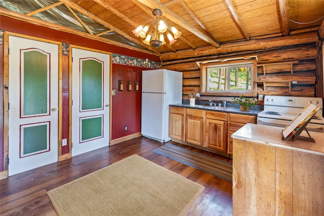 kitchen with dark hardwood / wood-style flooring, wood ceiling, rustic walls, lofted ceiling with beams, and white appliances