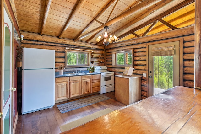 kitchen with white appliances, vaulted ceiling with beams, wood ceiling, wood-type flooring, and log walls