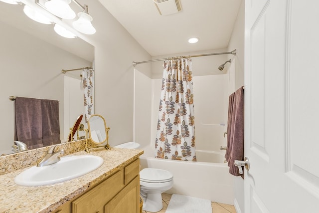 full bathroom with shower / bathtub combination with curtain, tile flooring, vanity, and toilet