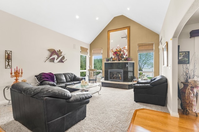 living room with a healthy amount of sunlight, high vaulted ceiling, carpet, and a tile fireplace