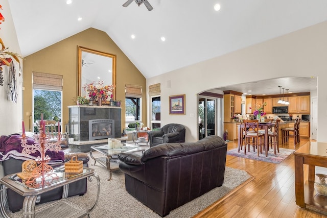 living room with plenty of natural light, ceiling fan, and light wood-type flooring