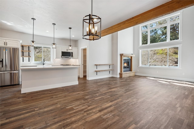 kitchen featuring hanging light fixtures, dark hardwood / wood-style flooring, a wealth of natural light, and appliances with stainless steel finishes