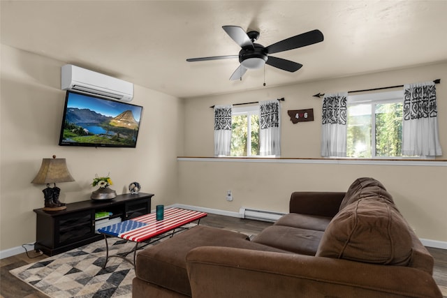 living room with an AC wall unit, ceiling fan, dark hardwood / wood-style flooring, and a baseboard heating unit