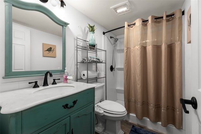 full bathroom with wood-type flooring, vanity, toilet, and shower / bath combo with shower curtain