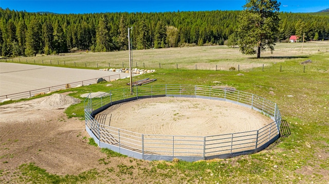 1200 Lost Creek Dr, Kalispell, MT 59901 - view of yard featuring an enclosed horse arena, a forest view, and a rural view