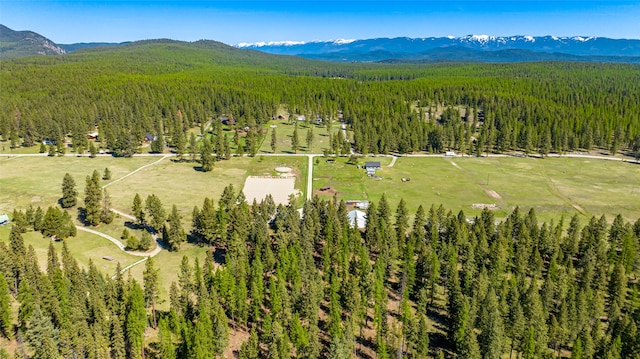 birds eye view of property featuring a mountain view and a view of trees