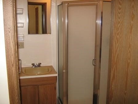 bathroom with an enclosed shower and vanity