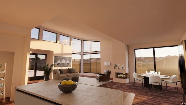 dining area featuring dark hardwood / wood-style floors, a mountain view, and a towering ceiling