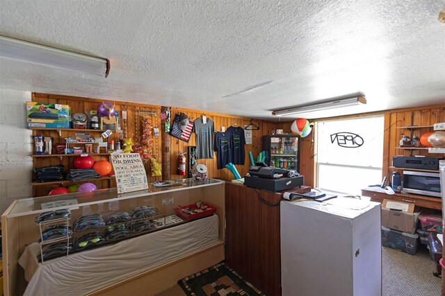 283 Lost Trail Hot Springs Rd, Sula, MT 59871 - carpeted office featuring a textured ceiling and wood walls