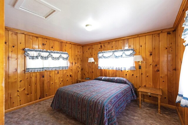 283 Lost Trail Hot Springs Rd, Sula, MT 59871 - carpeted bedroom with wooden walls and multiple windows