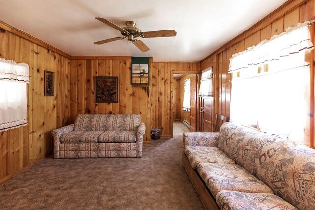 283 Lost Trail Hot Springs Rd, Sula, MT 59871 - carpeted living room featuring plenty of natural light, wooden walls, and ceiling fan