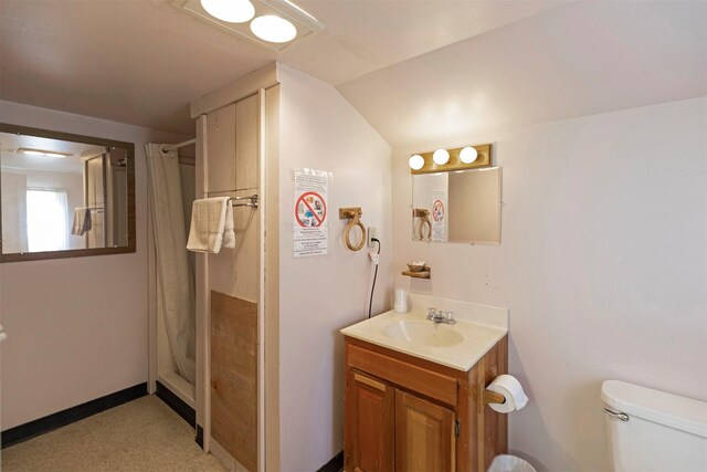 283 Lost Trail Hot Springs Rd, Sula, MT 59871 - bathroom with vaulted ceiling, vanity, toilet, and a shower with shower curtain