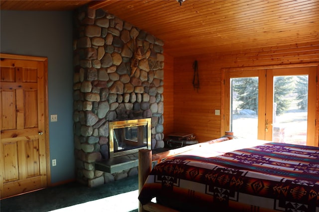 41698 Canal Rd, Polson, MT 59860 - bedroom with wood ceiling, access to outside, lofted ceiling, french doors, and carpet